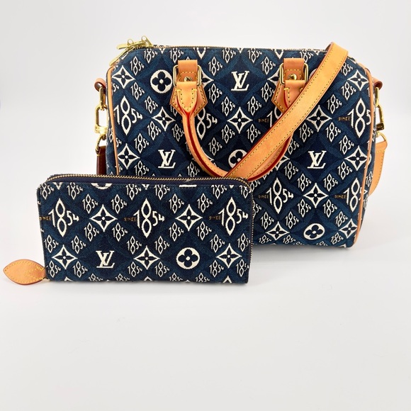Preloved Louis Vuitton 1854 Blue Monogram Speedy Bandouliere 25 with Wallet - Picture 1 of 15